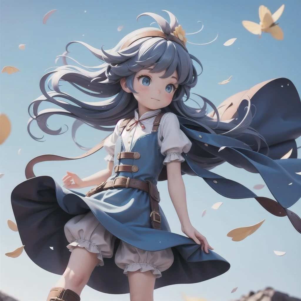 Girl 、Medieval dress with panniers、Fabric Realism、Low - Angle、Wearing bloomers、I can see the drawers、Pull up the hem of your dress with your hands、Strong winds、blue sky