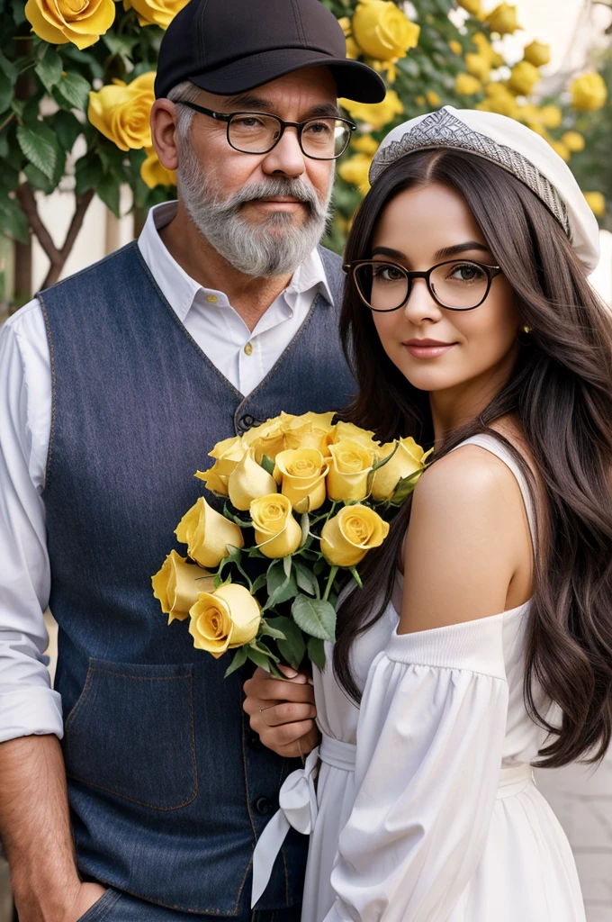 Create the image of a short woman with dark hair that reaches shoulder length, accompanied by a mature man with a trimmed white beard wearing glasses and a cap surrounded by yellow roses and purple hearts in a realistic style