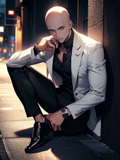 high resolution,Baldhead,male,Red pupils,earrings,Showing chest muscles,Wear a watch on your left hand,Exposed collarbone,Unbuttoned white suit,black trousers,Black leather shoes,Handsome, Detailed eyes and face, whole body,night