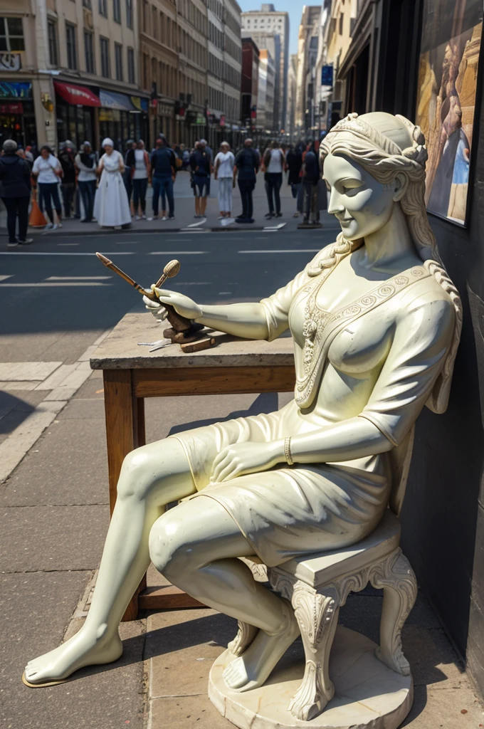 A skilled artist is hard at work, meticulously carving a lifelike statue of a beautiful god on a bustling city street. The statue is nearly complete, showcasing the god loving gaze and tender smile. The artist is seated on a small stool, surrounded by his tools and a white cloth for cleaning. Passersby glance at the artwork in admiration, their reflections captured in the polished surface of the statue.