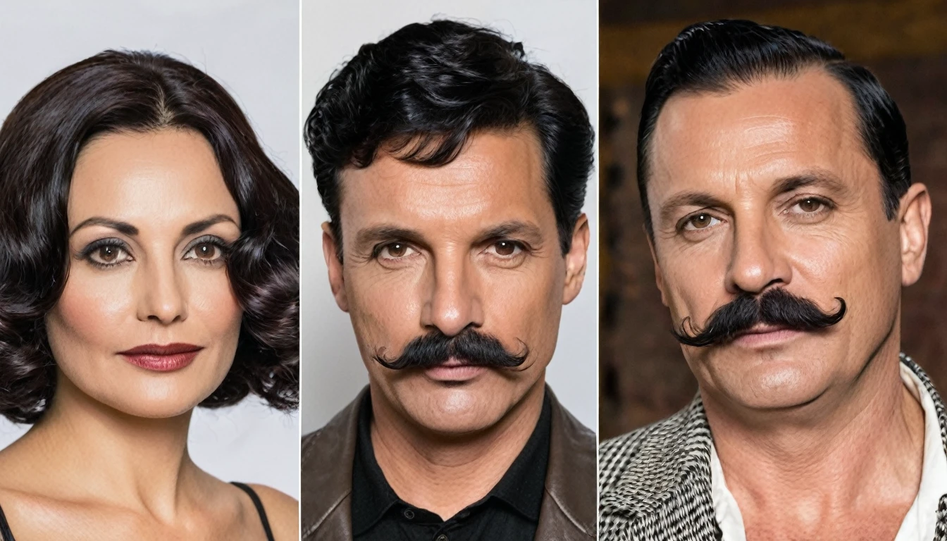 The man in his 45s with black very short hair and smooth face with moustache. The woman in her 45s with brown wavy long hair. They have sex.