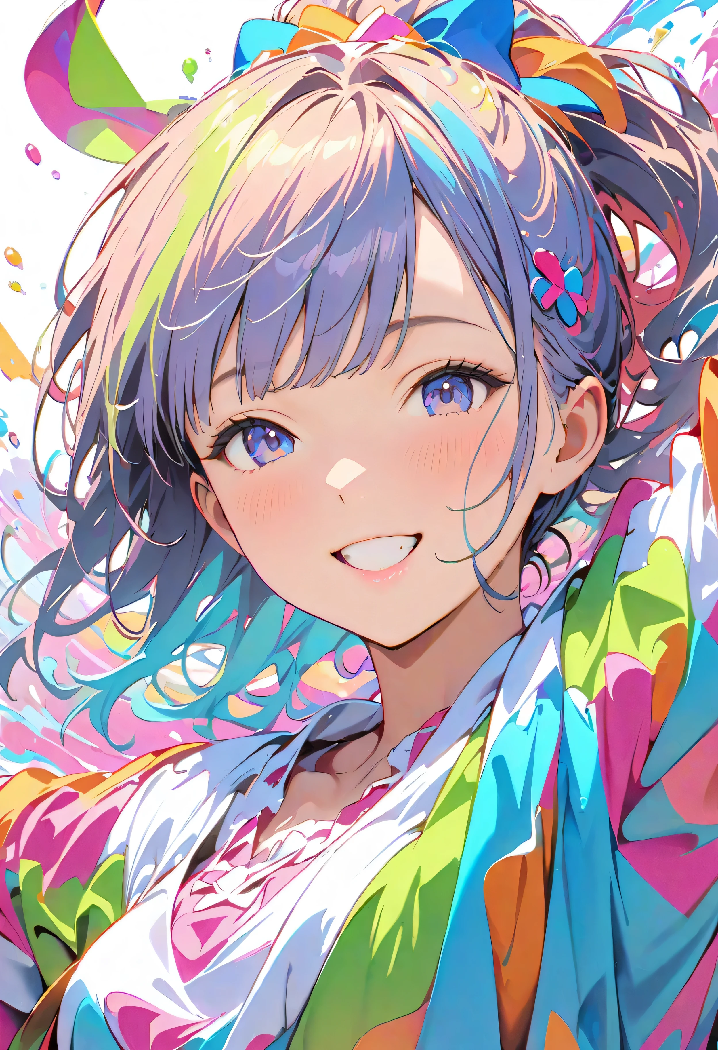 (masterpiece, Highest quality, Official Art:1.2), (colorful), Perfect Anatomy, Looking at the audience,One Girl, alone, White Background, floating colorful water, Ultra-fine illustrations, Highly Details, Dynamic Angle, Beautiful detailed, 8K, 壊す smiling amidst the colorful scenes, (High resolution), Anime Style, (Fractal Art:1.1), pastel colour