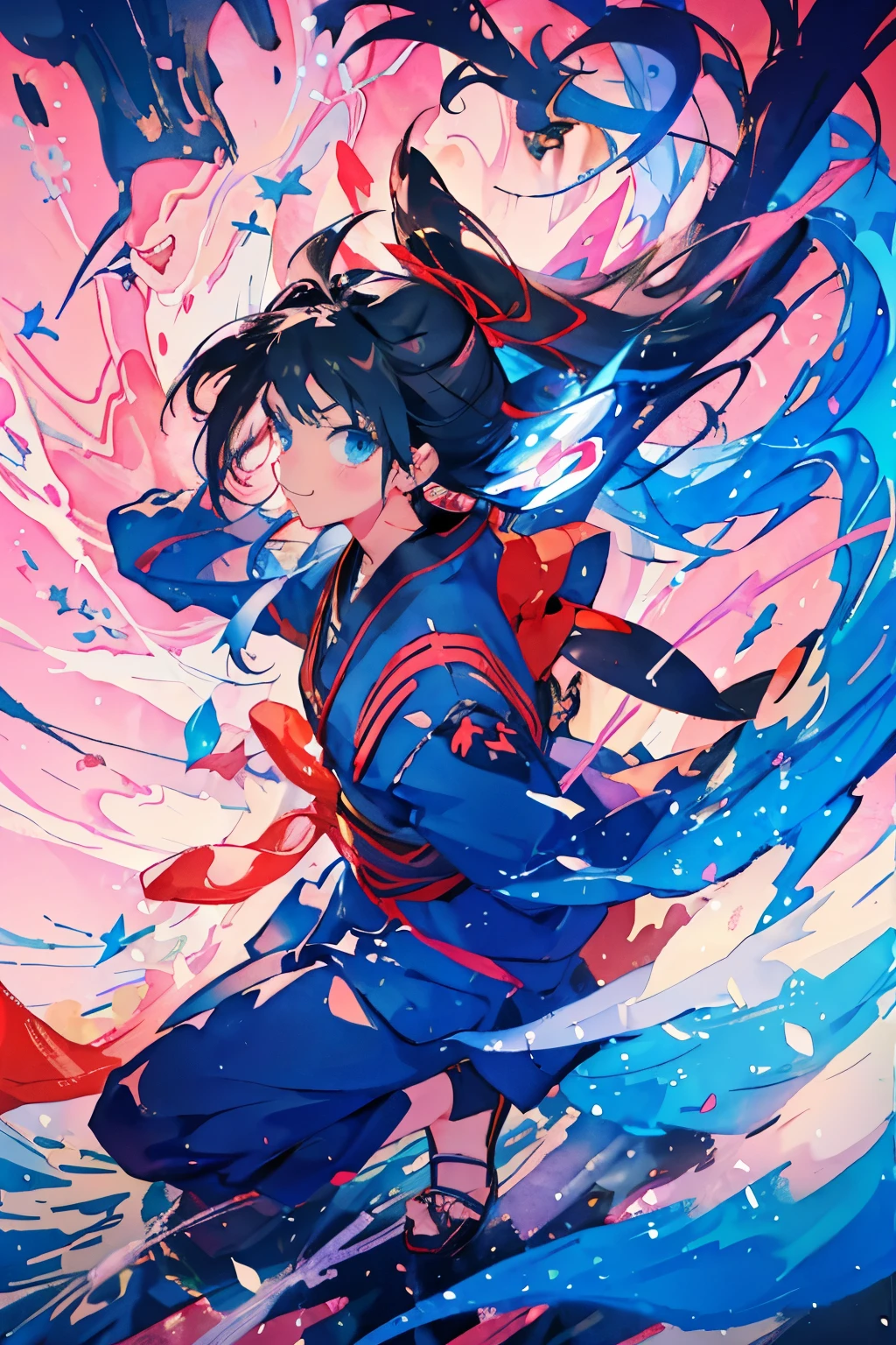 One Girl、Ninja、Comic style、Anime-style illustrations、Ninjaの服装、cool、cute、Beautiful Face、Tying hair with a red ribbon、Beautiful sky blue hair、Holds three shuriken in hand、Holding a shuriken next to his face、Portrait、Watercolor、colorful、Brush-painted art、Blue Eyes、