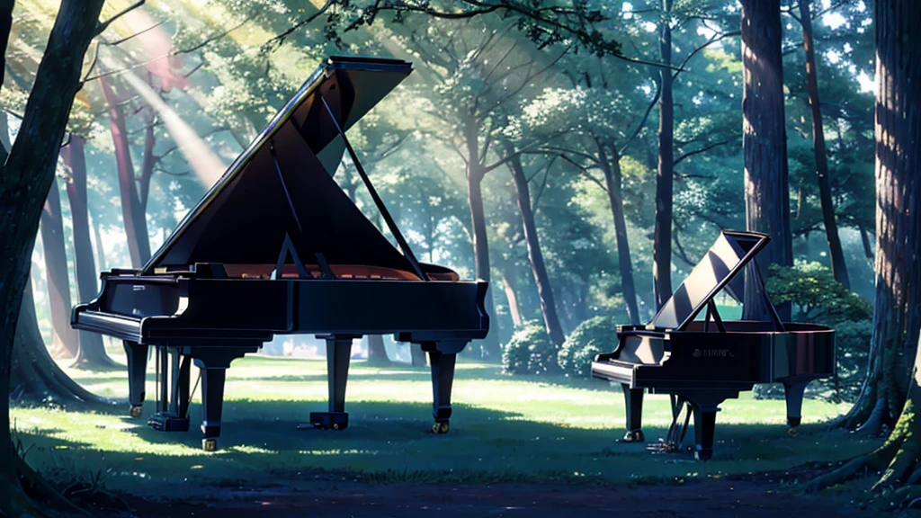 A grand piano placed under a large tree、The soft sunlight filtering through the trees makes it sparkle.、One grand piano、There is no one、With Makoto Shinkai-esque illustration touch、Rough anime style、in the forest