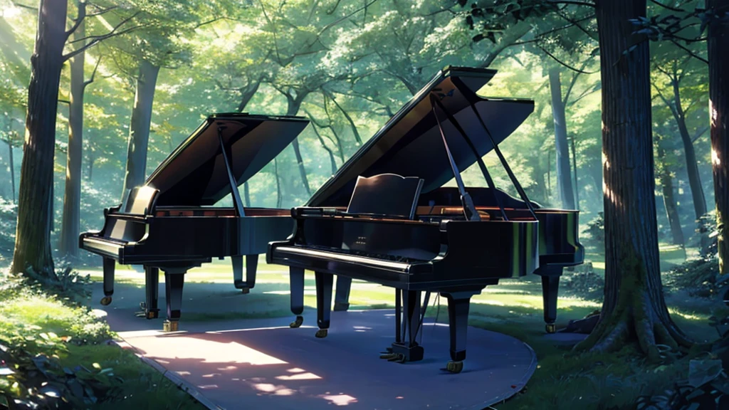 A grand piano placed under a large tree、The soft sunlight filtering through the trees makes it sparkle.、One grand piano、There is no one、With Makoto Shinkai-esque illustration touch、Rough anime style、in the forest