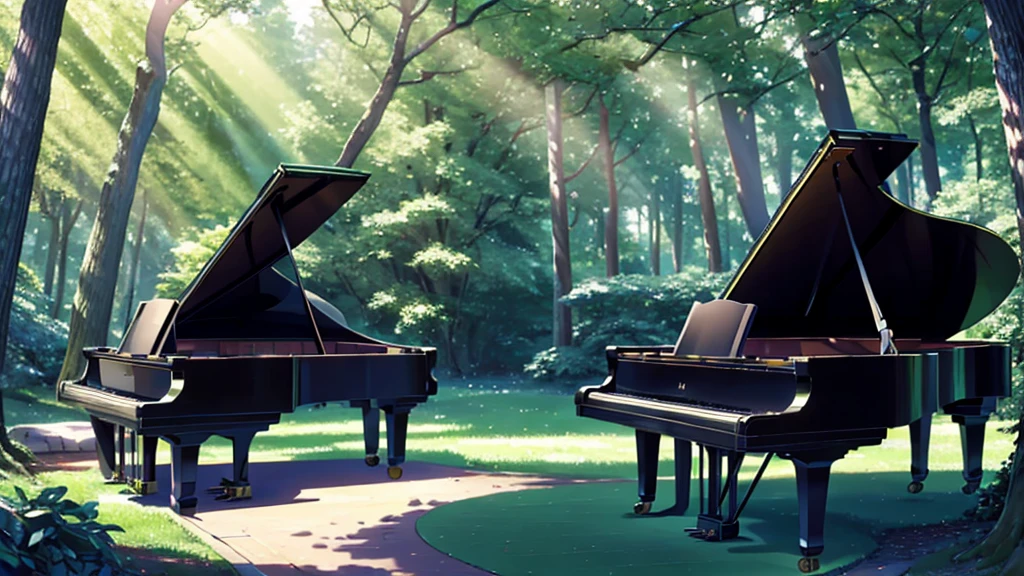 A grand piano placed under a large tree、The soft sunlight filtering through the trees makes it sparkle.、One grand piano、There is no one、With Makoto Shinkai-esque illustration touch、Rough anime style、in the forest