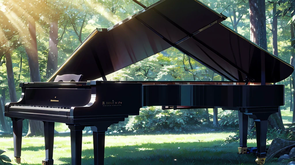 A grand piano placed under a large tree、The soft sunlight filtering through the trees makes it sparkle.、One grand piano、There is no one、With Makoto Shinkai-esque illustration touch、Rough anime style、in the forest