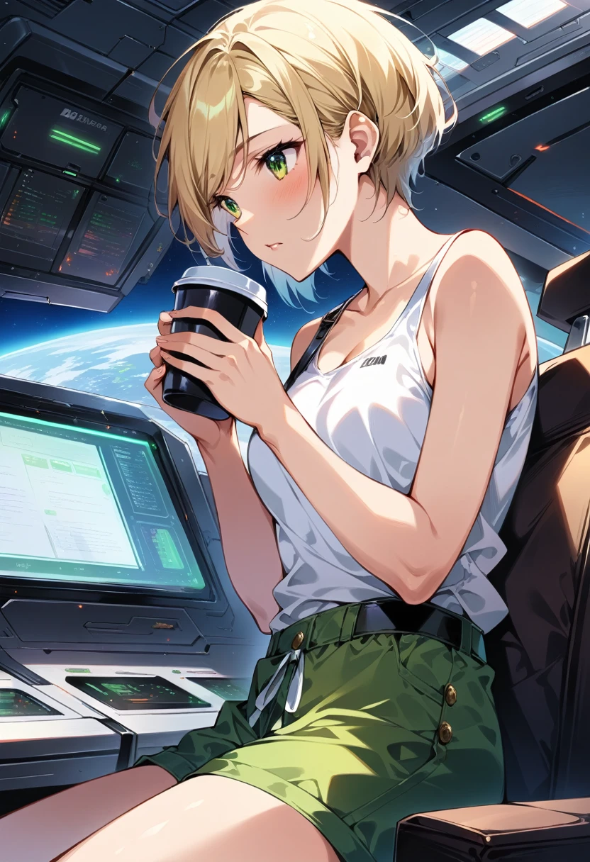 grown woman, very short hair, tomboy, very short hair, pixie cut, bored face, modern hairstyle, short hairstyle, chic and asymmetrical pixie cut, short blonde pixie hair, very short hair, highlights on hair, green eyes, white tank top, green shorts, drinking coffee, spaceship interior, medium breasts, masterpiece quality, intricate detail, 4k resolution, ultra hd