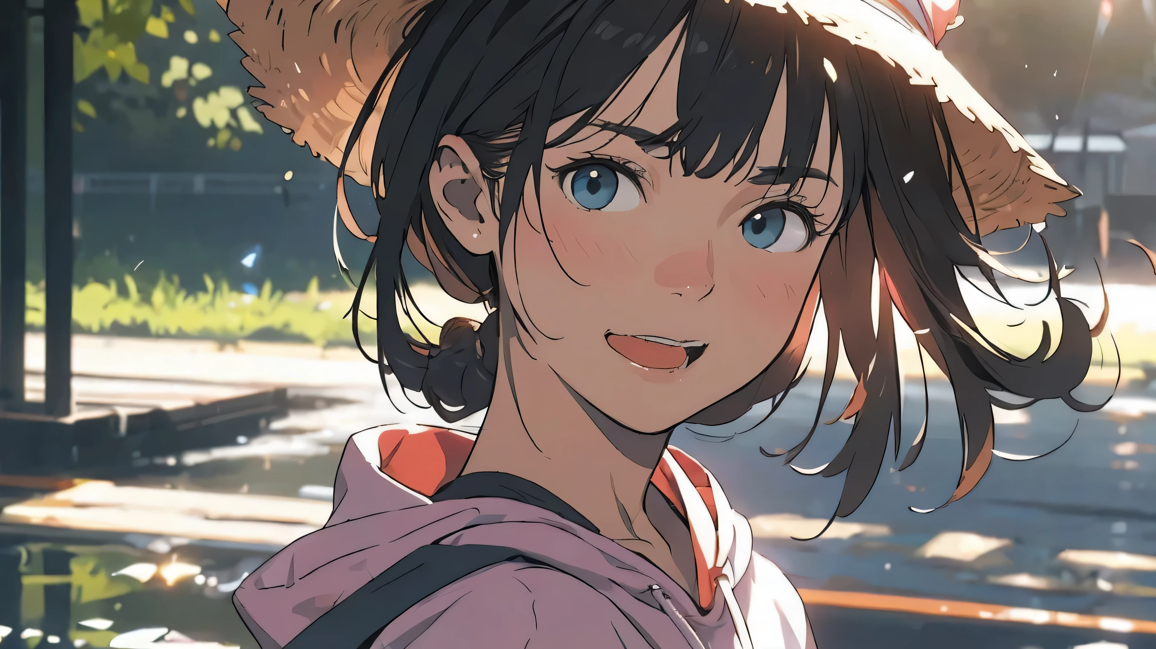 itsukinakano, itsuki nakano, bangs, Ahoge, Redhead, star \(symbol\), 優しく微lolむ,hat, happy lol顔, lol顔, Open your mouth,Short braided hair,red oversized hoodie,Shorts,White Pantyhose,High Top Sneakers,(lol:1.1), (Open your mouth:1.1), Sun glare, Bokeh, Written boundary depth, Blurred Background, Particles of light, Strong winds, (Heart Particles:1.1), Highly detailed face, Perfect lighting, Extremely detailed CG, (Perfect hands, Perfect Anatomy)