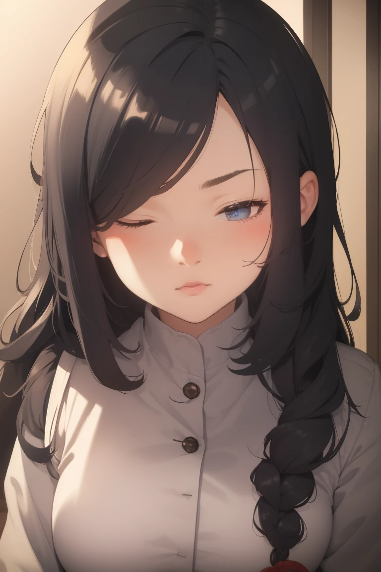 Serious, eyes half closed, front view, distracted, blushing,