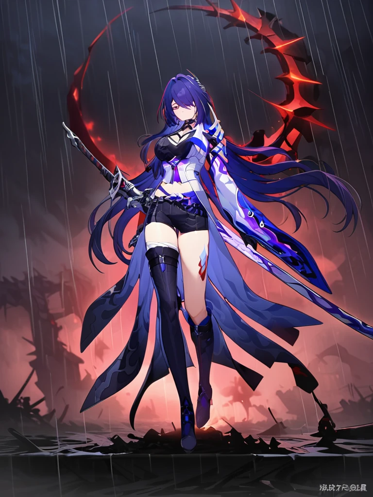 ((masterpiece)),((Highest quality)),High resolution,Extremely detailed CG,Perfect lighting,8k wallpaper,
One Girl,Acheron \(Honkai: Star Rail\),Purple Hair,Very long hair,Purple eyes,Look at the audience,black sea 水,rain,、Holding a sword、Dark Background
