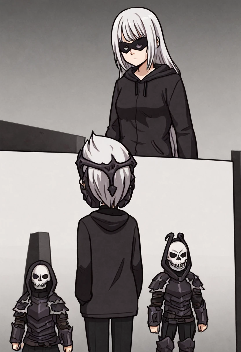 Anime girl, 21 years old, long straight white hair, gloomy black armor, demonic skull mask, Black hoodie.