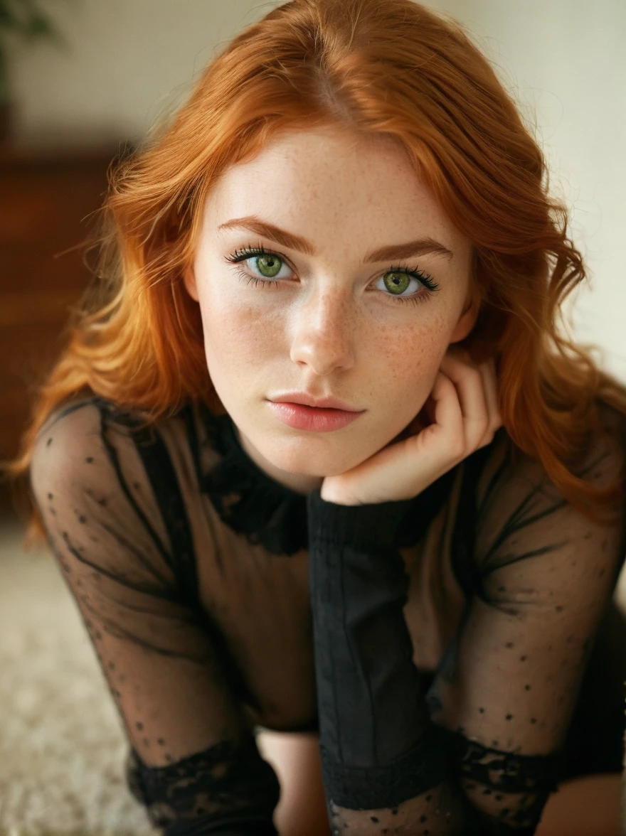 (Soft Lighting Photography by Mimoza Veliu and Mario Giacomelli:1.2), portrait, upper body, close up, cute woman, beautiful, 20 years old, green eyes, (black bold eyeliner, makeup:1.3), freckles, soft smile, shoulder length ginger hair at side, ear, see through loose blouse, cleavage, kneeling, living room, knee high socks,  body, beautiful legs, realistic soft skin, looking at viewer