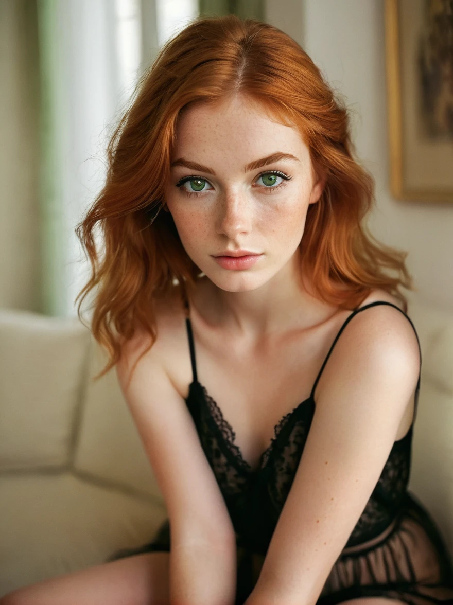 (Soft Lighting Photography by Mimoza Veliu and Mario Giacomelli:1.2), portrait, upper body, close up, cute woman, beautiful, 20 years old, green eyes, (black bold eyeliner, makeup:1.3), freckles, soft smile, shoulder length ginger hair at side, ear, see through loose blouse, cleavage, kneeling, living room, knee high socks, body, beautiful legs, realistic soft skin, looking at viewer
