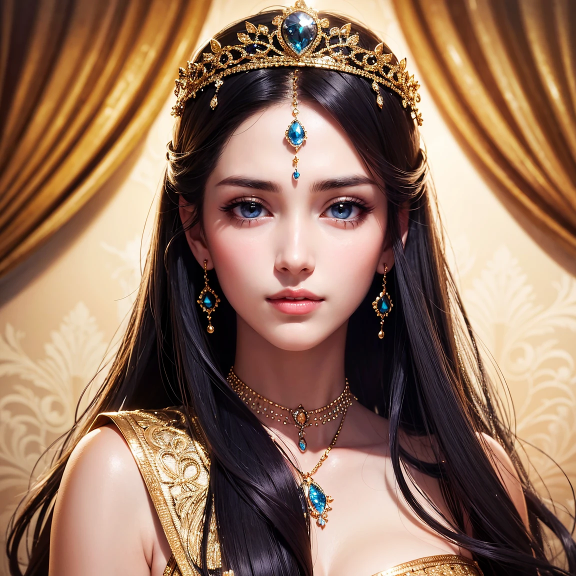 (masterpiece, best quality), ultra detailed, high resolution, 16k, the most beautiful face in the world, perfect face, delicate facial features, highly detailed beautiful face and eyes, shiny skin, highly detailed background, elaborately designed clothes, fine cloth texture, BREAK, the incarnation of beauty, goddess of beauty, gorgeous and stunning queen in gorgeous and luxurious jewelry, perfect make-up, deeply in love, loving look, best smile, full of elegance