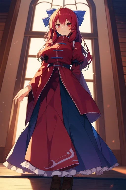 ((best quality)), ((masterpiece)), (detailed), 1girl, Touhou, Sekibanki, red hair, red eye color, full body, wide shot
