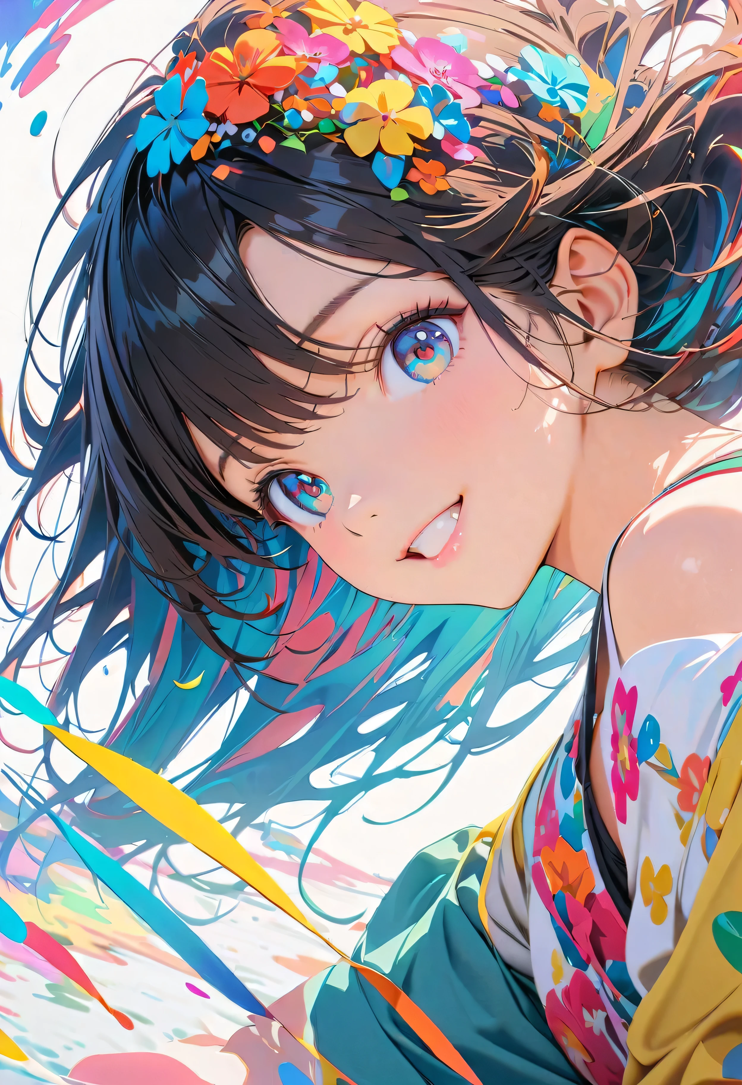 (masterpiece, Highest quality, Official Art:1.2), (colorful), Perfect Anatomy, Looking at the audience,One Girl, alone, White Background, floating colorful water, Ultra-fine illustrations, Highly Details, Dynamic Angle, Beautiful detailed, 8K, 壊す smiling amidst the colorful scenes, (High resolution), Anime Style, (Fractal Art:1.1), pastel colour