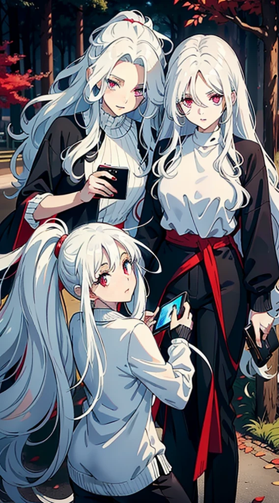 woman with long wavy white hair bright blue eyes wearing a white blouse and black pants next to her a black haired woman with red locks with bright red eyes wearing a black sweater and white pants taking her phone for a photo they are in a park