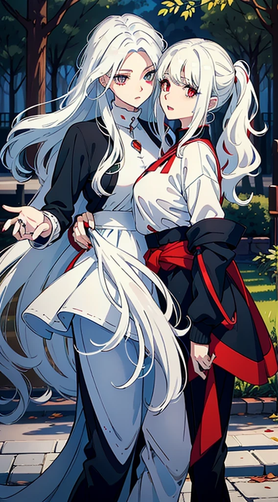 woman with long wavy white hair bright blue eyes wearing a white blouse and black pants next to her a black haired woman with red locks with bright red eyes wearing a black sweater and white pants taking her phone for a photo they are in a park