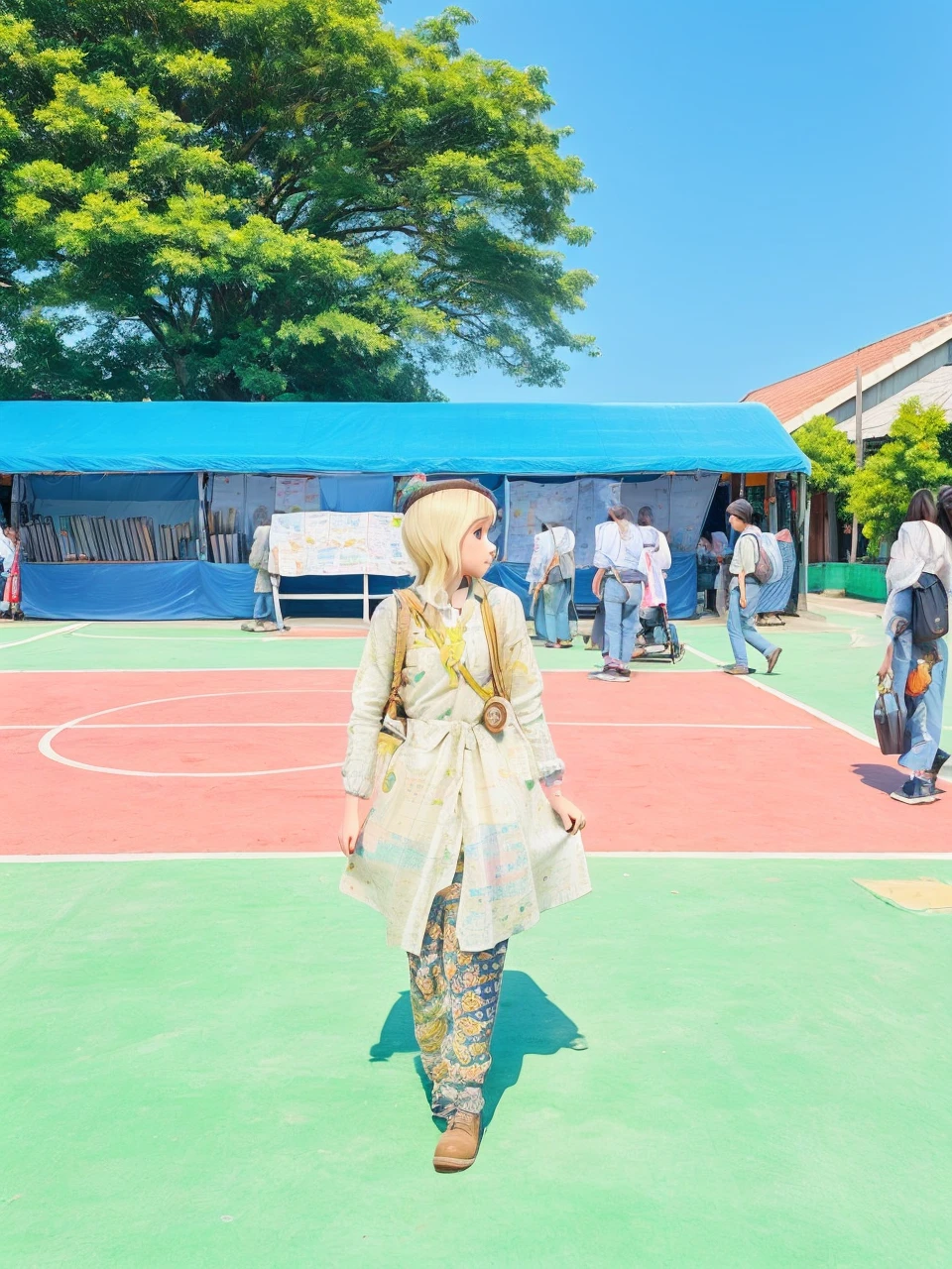 A girl holding a map walk in the market