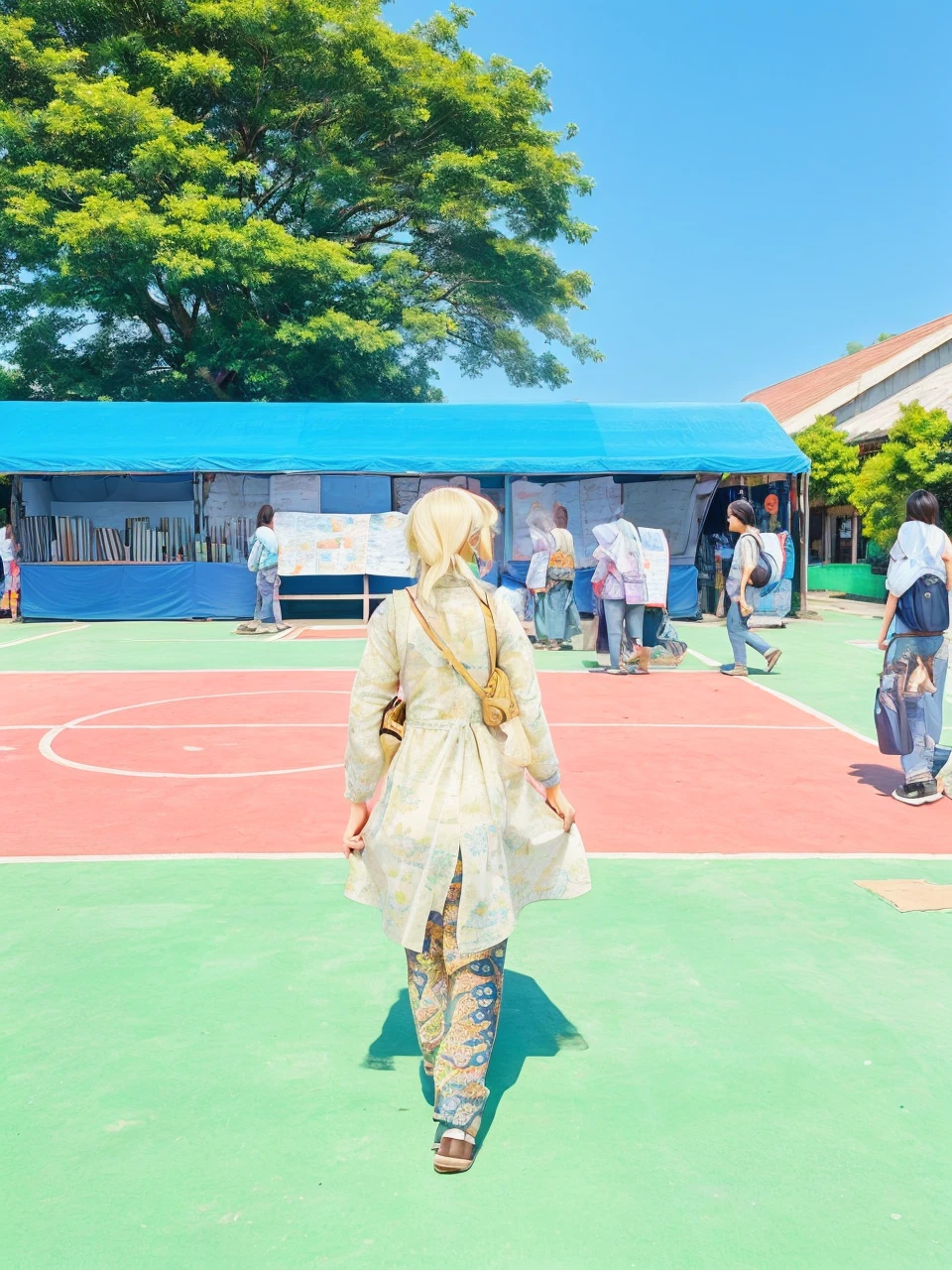 A girl holding a map walk in the market