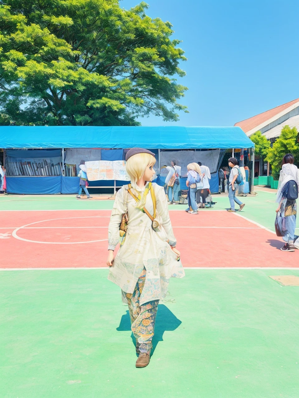 A girl holding a map walk in the market