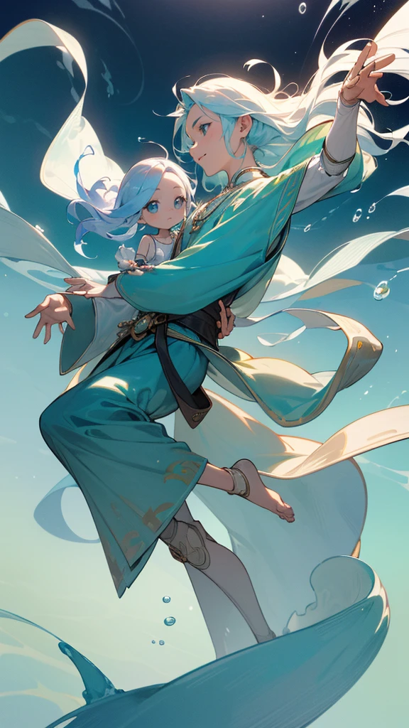((((Ancient master, ethereal form, ultrahigh resolution))))), 1man, sitting, (((doll joints:1.3, action figure body:1.1, tailtrack:1.1, otherworldly body addition)), [aqua blue eyes, white scalp with blue streaks], high forehead, wavy hair, thin lips,hands on knees, ((complex water background)))), 1.8m height, knowing smile, attire of traditional teal robe and wave mask, wearing a conch shell necklace, ((floating), poised, calm can be seen in expression, ((wisdom and experience in eyes)), ((bright and detailed articulation)), 60 years old, side profile, soft focus, Aquascend symbol on belt, partially seen through watery aura, ((legendary character)), highlight the serene expressions on face, (+ triangular, harmonious face shape), with heads of relevant mythological creatures appear behind him, thoughtfulnesSshows in face as waters react to his will, transparent arms with tendrils emerging, exuding maternal vibes due to nurturing relation with aquatic creatures, the folds of robes emphasizing the figures poise and tranquility