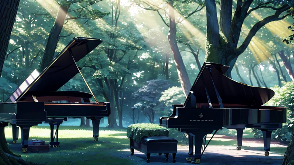 A grand piano placed under a large tree、The soft sunlight filtering through the trees makes it sparkle.、One grand piano、There is no one、With Makoto Shinkai-esque illustration touch、Rough anime style、in the forest