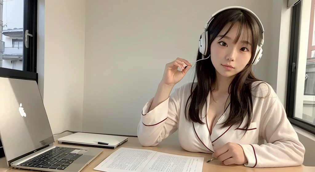 A 20-year-old woman, half Japanese and half French. Studying at a desk with a PC in the morning. Outside the window is the Gion district of Kyoto. Headphones.　
She has brown hair that is one-length, and is wearing soft, fluffy white Gelato Pique pajamas with the second button undone, exposing her cleavage.

