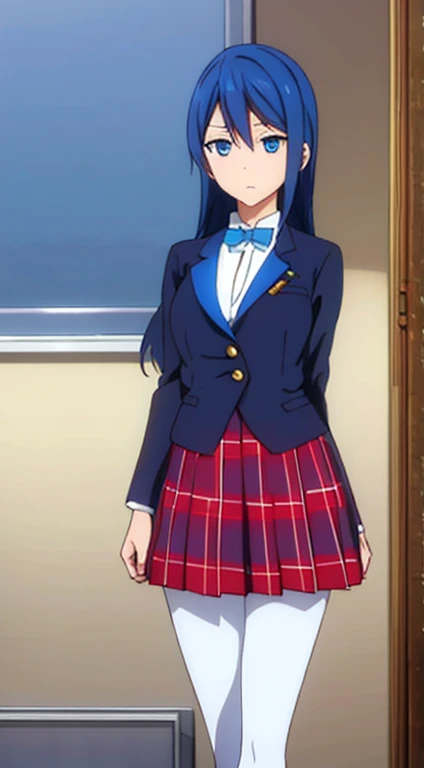 long blue hair, very pretty blue eyes, blue and red skirt, white blouse, blue blazer, long black pantyhose, brown foot is a dance corretor