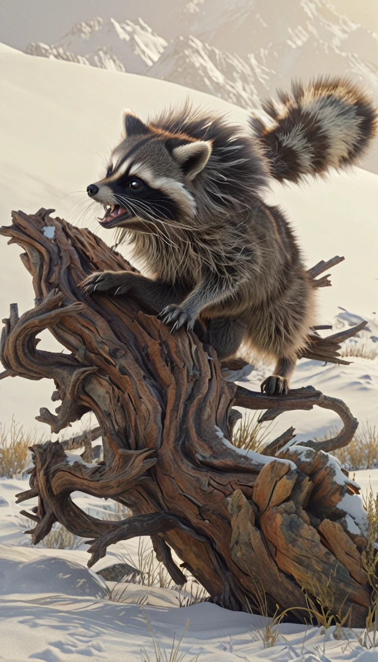 There is a beast in the mountains，Very long hair，A fantasy mythical creature that looks like a raccoon cat, shrike, (best quality，4K，8K，High level，masterpiece：1.2），Ultra Detailed，（lifelike，Photo real，Photo real：1.37），Highly detailed animals，Complex patterns，Realistic lighting，Fantasy Creatures