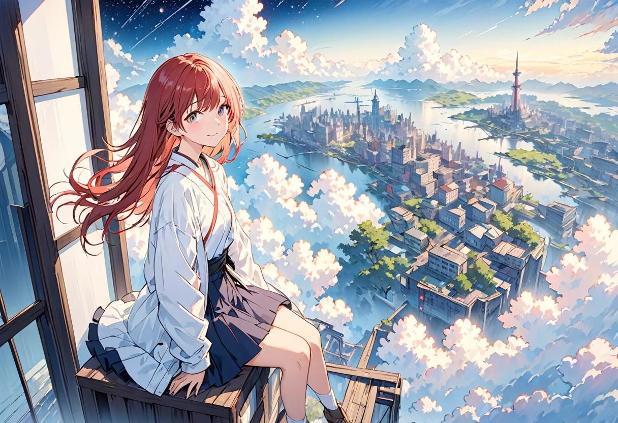 [(White background:1.5)、::5]、masterpiece、Highest quality、Official Art、An illustration、Ligne Claire、(dream-like)、(colorful:1.3)、Perfect composition、Disorganized、Intricate details、Fantasy、focus、(At high pressure)、I can't see the ground、(Above the Clouds:1.4)、(Finely detailed modern lost_city:1.3)、(Above the Cloudsにそびえ立つlost_city:1.2)、narrative poem、(focus_girl:1.4)、(Girl on top of the city of broken bridges)、 Three-part method、white_Jacket and white_shirt,black_beltskirt,very_long_hair,beside,loose_hair,overhead_viewer,The wind blows to the viewer,side_face,(The ground is starry_sky),smile,Sitting,(depth_of_field),Shiina Mahiru,Eyes