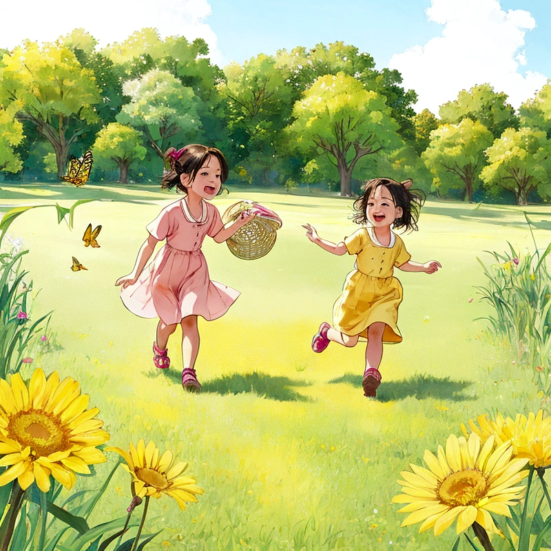 In a bright and cheerful field, two children chased butterflies with small nets. One child ran ahead while the other followed closely behind, both in a state of playful pursuit. The scene was filled with the essence of childhood innocence, as they joyfully ran through the tall grass under the warm sunlight, capturing the exuberance and wonder of their carefree adventure
