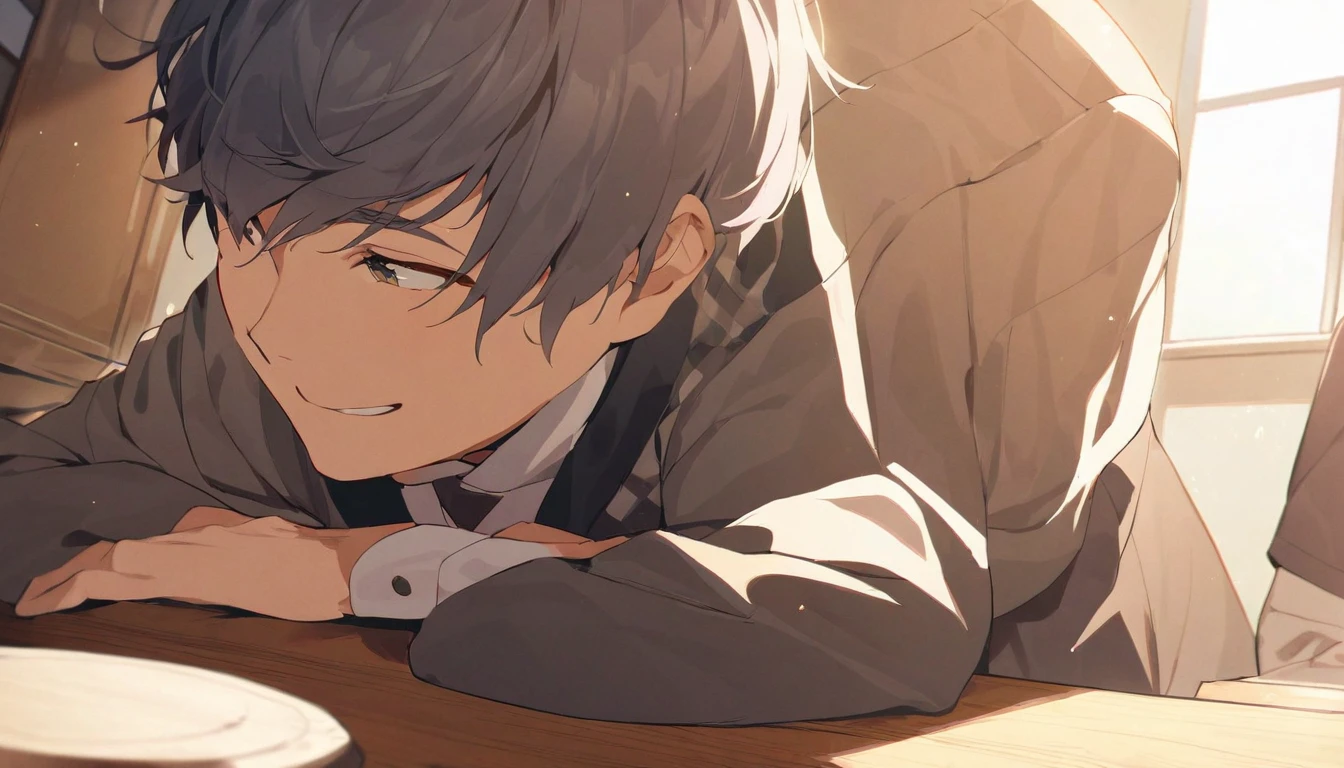 A middle-aged man with short hair sits sideways on the left side of the table,Smiling face looking forward,Slightly bow your head