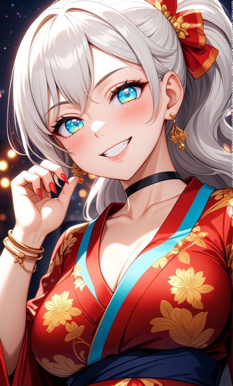 ((One personの女性)), Beautiful Face, ((seductive grin smug)),((Wink:1.7)), head tilt, Laugh with your mouth wide open,((Bright red cheeks:1.4)),Shiny red lips,night,rooftop,You can see the ocean, firework,Laughing with your mouth open,Glossy pink lips,Facial lighting,((Anime style background)),masterpiece, Highest quality, so beautiful,up to date, Complex details, (Pink long nails),(ring),(bracelet),(choker),AI-generated, Complex,High resolution, Highest quality, super high quality,3D Images、3D Images,One person,Long brown hair,High Ponytail,(turquoise blue eyes),Anime woman posing for a photo, ((Fine grain、Colorful eyes、Shining Eyes:1.3)),(Squint your eyes:1.1),a hyperRealistic , hyperRealistic , Realistic,Anime woman with long white hair, Smooth anime CG art, A woman in a colorful kimono with gold embroidery, (Red long sleeve kimono),Red floral pattern,Long flower hair ornament,Earrings,Mature Body,(Big Breasts:1.1),Tall,Abdominal muscles,Tight waist,(Zoom up to face:1.5),(dutch angle),(front view),