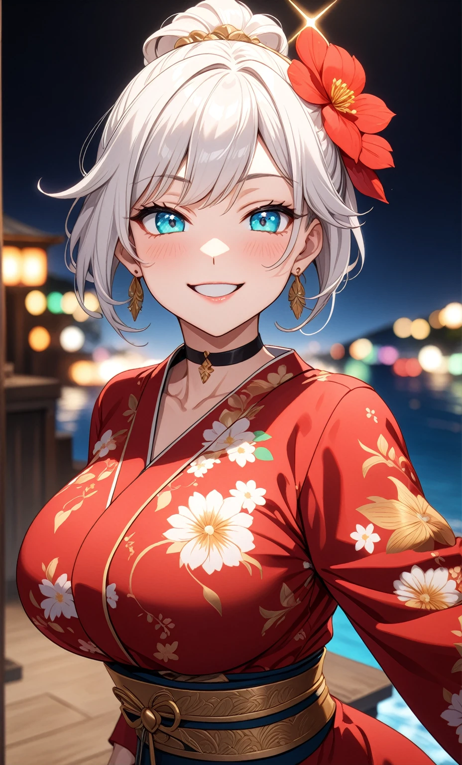 ((One personの女性)), Beautiful Face, (Laughing embarrassedly), (naughty face), ((Wink:1.8)), Laugh with your mouth wide open,((Bright red cheeks:1.4)),Shiny red lips, night,横浜のnight景,You can see the ocean, firework,,Glossy pink lips,Facial lighting,((Anime style background)),masterpiece, Highest quality, so beautiful,up to date, Complex details, (Pink long nails),  (ring),(bracelet),(choker),AI-generated, Complex,High resolution, Highest quality, super high quality,3D Images、3D Images,One person,Long white hair,High Ponytail,(blue eyes),Anime woman posing for a photo, ((Fine grain、Silvery white colorful eyes、Shining Eyes:1.3)),(Squint your eyes:1.1),a hyperRealistic , hyperRealistic , Realistic,Anime woman with long white hair, Smooth anime CG art, A woman in a colorful kimono with gold embroidery, (Black long sleeve kimono),Red floral pattern,Long flower hair ornament,Earrings,Mature Body,(Big Breasts:1.1),Tall,Abdominal muscles,Narrow waist,(Zoom up to face:1.2), ((front view)),((Seduce with a cleavage)), 