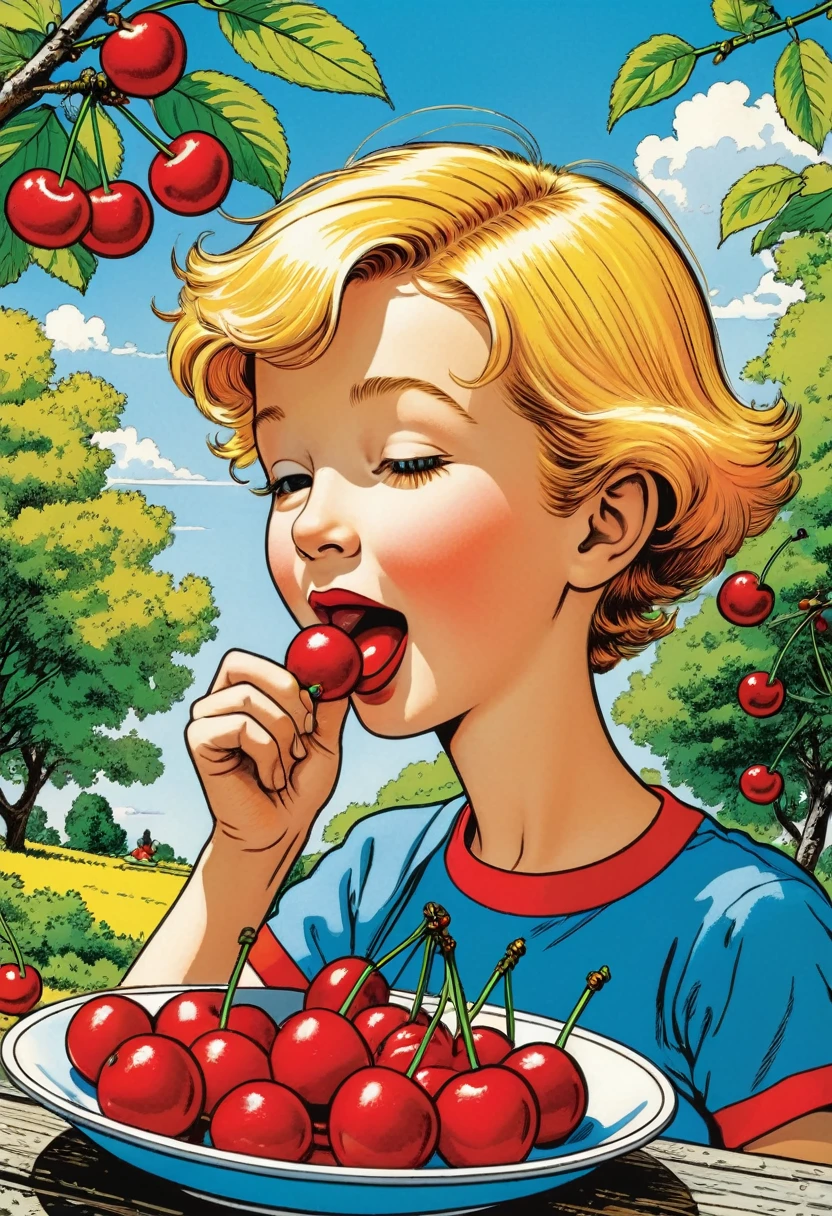 Detailed, vibrant illustration of a  eating an cherry, by herge, in the style of tin-tin comics, vibrant colors, detailed, sunny day, attention to detail