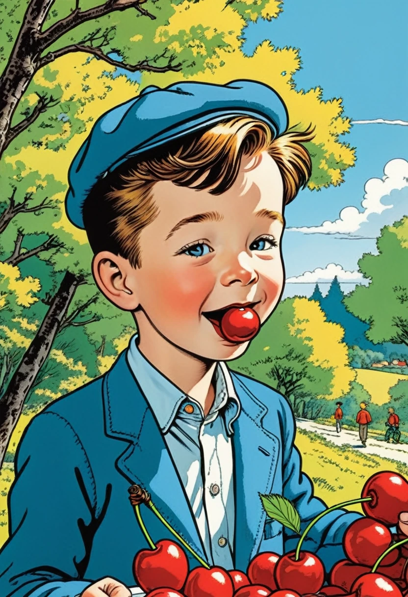 Detailed, vibrant illustration of a  eating an cherry, by herge, in the style of tin-tin comics, vibrant colors, detailed, sunny day, attention to detail