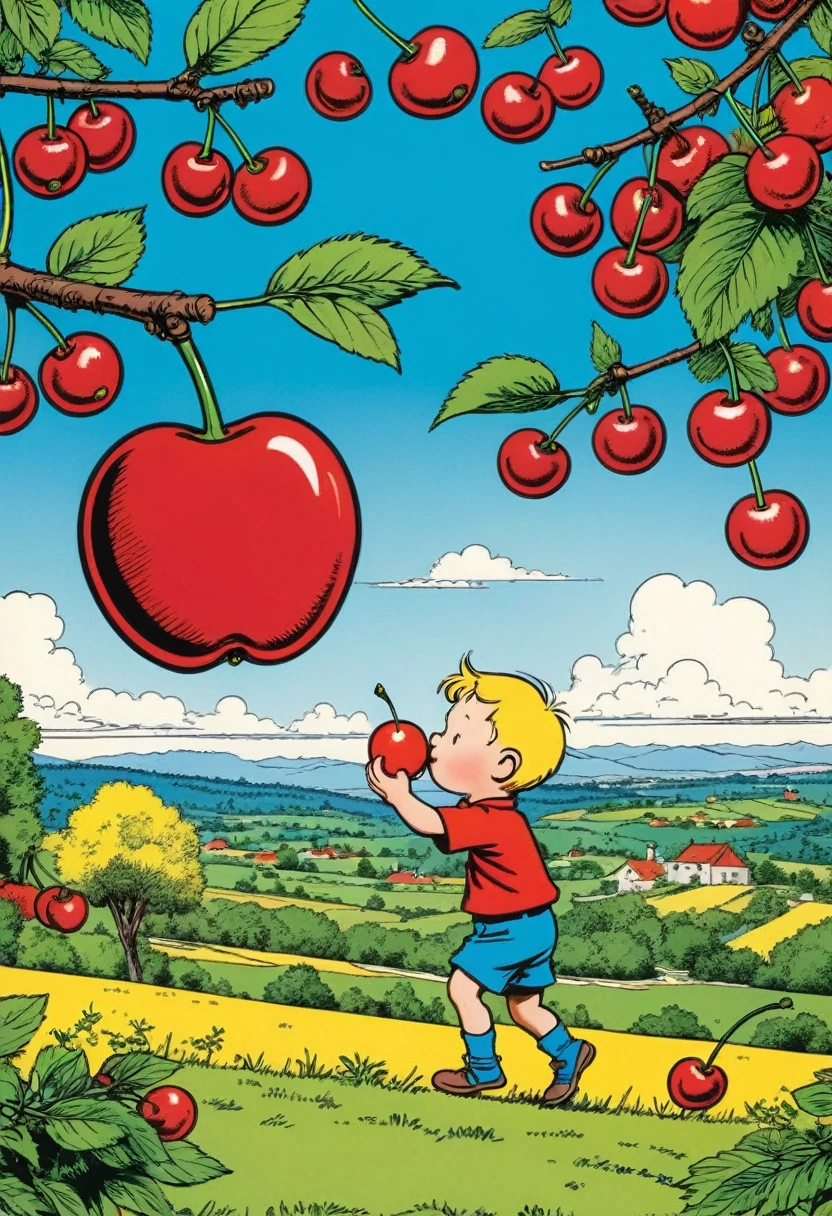 Detailed, vibrant illustration of a  eating an cherry, by herge, in the style of tin-tin comics, vibrant colors, detailed, sunny day, attention to detail