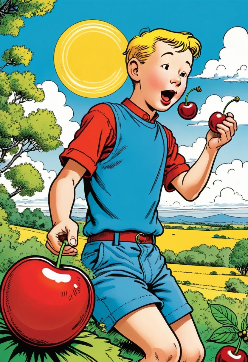 Detailed, vibrant illustration of a  eating an cherry, by herge, in the style of tin-tin comics, vibrant colors, detailed, sunny day, attention to detail