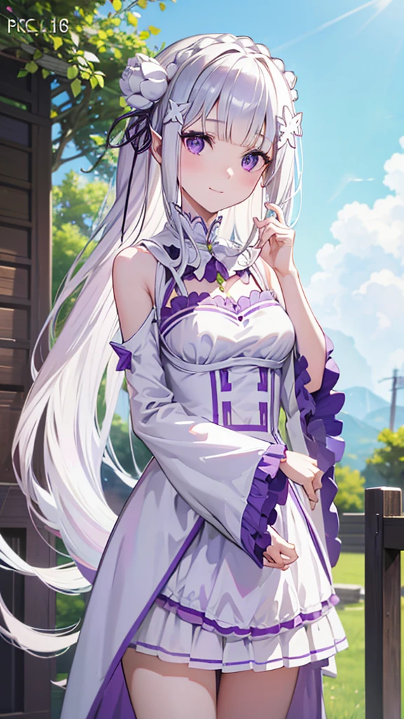 masterpiece, best quality, high resolution, best illustration, super fine illustrationofficial art, anime screencap, detailed beautiful face and eyes, anime keyvisual, (perfect anatomy:1.1), 
1girl,
emilia, 
emilia\(re:zero\),
long hair, low-tied long hair, braid, crown braid, 
white hair, 
(purple eyes:1.2), (beatiful detailed eyes:1.2), 
pointy ears, 
flower, hair flower, hair ornament, hair ribbon, white flower, x hair ornament, 
medium breasts, 
dress, pink dress, bare shoulders, detached collar, long sleeves, shoulder cutout, wide sleeves, white sleeves, 
happy smile, 
looking at viewer, 
cowboy shot, 
standing, 
natural light, 