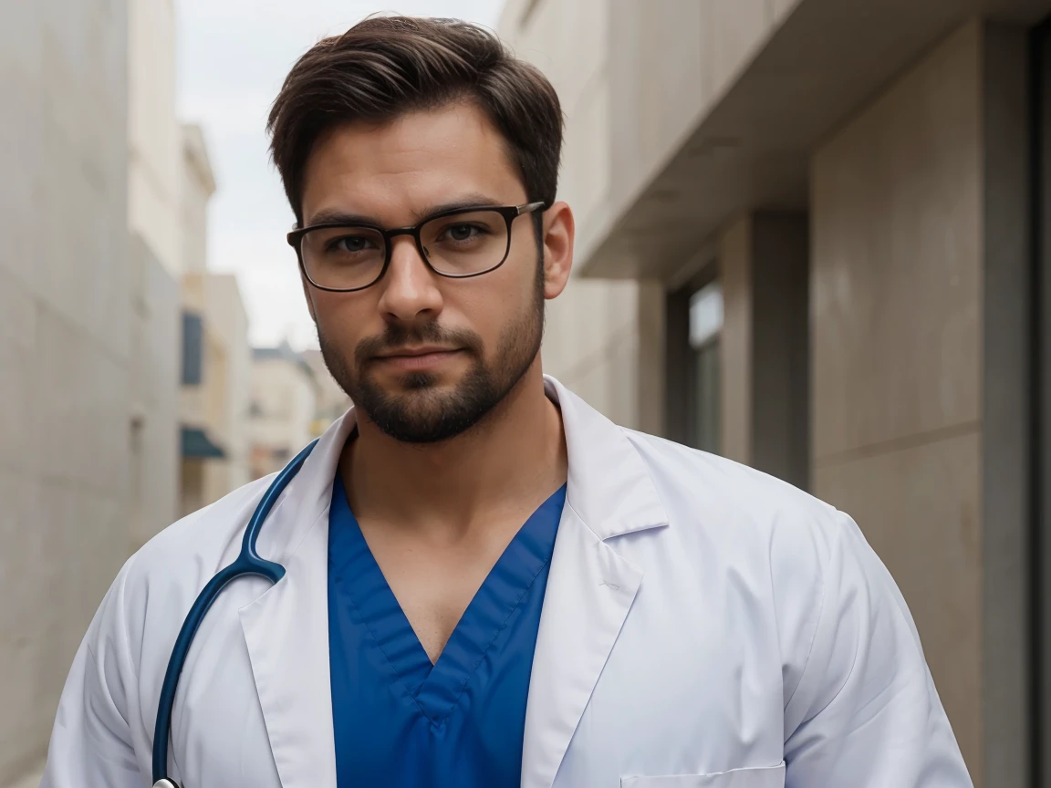 a man of strong build, doctor with gown and glasses, He has a well-defined jaw and a serious expression, His skin is clear, and he has a short beard, is running for his life, wears doctor's clothes, He is a virologist, White coat.