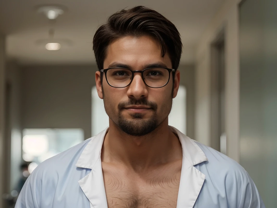 a man of strong build, doctor with gown and glasses, He has a well-defined jaw and a serious expression, His skin is clear, and he has a short beard, is running for his life, wears doctor&#39;s clothes, He is a virologist, White coat.