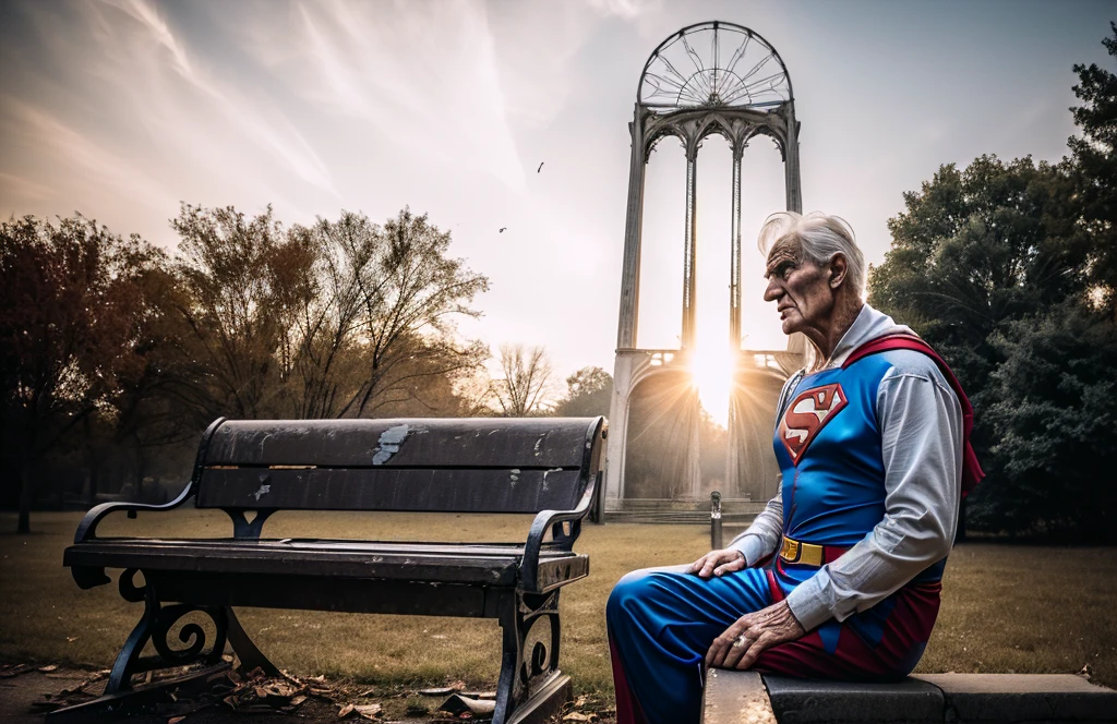 Very tired old man in superman costume sitting on broken bench in old dusty park, thriller vibes, horror vibes, gothic style, cinematic light