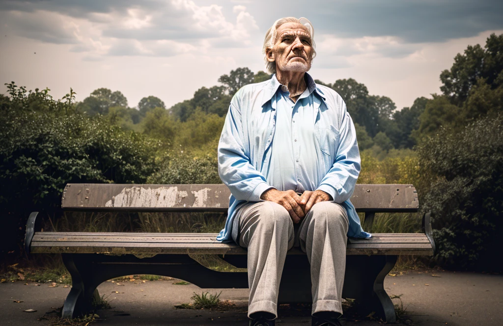 Very tired old man in superman costume sitting on broken bench in old dusty park, thriller vibes, horror vibes, gothic style, cinematic light