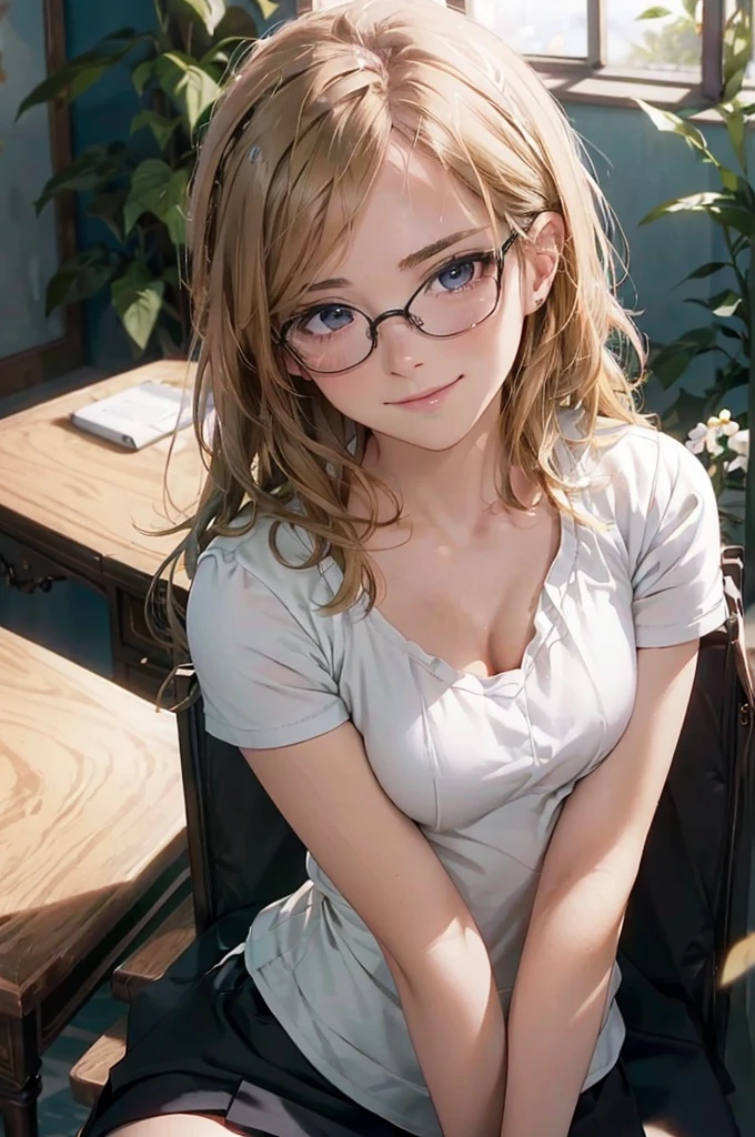 Masterpiece, 最high quality, high quality, High resolution, high quality texture, high quality shadows, High resolution, Beautiful details, Detailed CG, Detailed Texture, Realistic representation of face, Realistic, colorful, delicate, Cinematic Light, Side light, Lens flare, Ray Tracing, sharp concentrated, (1 Girl,concentrated:1.3), ( Intricate details, compensate, PureErosFaceV1:0.5), (細部まで美しいdelicateな顔, 緻密で美しいdelicateな瞳, Perfect Facial Proportions, Dense skin, Optimal ratio of four fingers to one thumb,Unified 8k wallpaper, Arms under chest, Modest chest, Wide Hips, Smooth upper abdomen, 30 years old, blue eyes, glasses,cabin attendant uniform,white blouse,tight fitting black skirt,black stockings, excellent secretary ,working as a secretary, wooden desk, wooden chair, house wife, the gaze of true love, lips of temptation, A look full of compassion ,a smile full of love, i love you, Acting lovey-dovey, air fortress hair, blonde hair, I love you so much I'm crazy,i love you