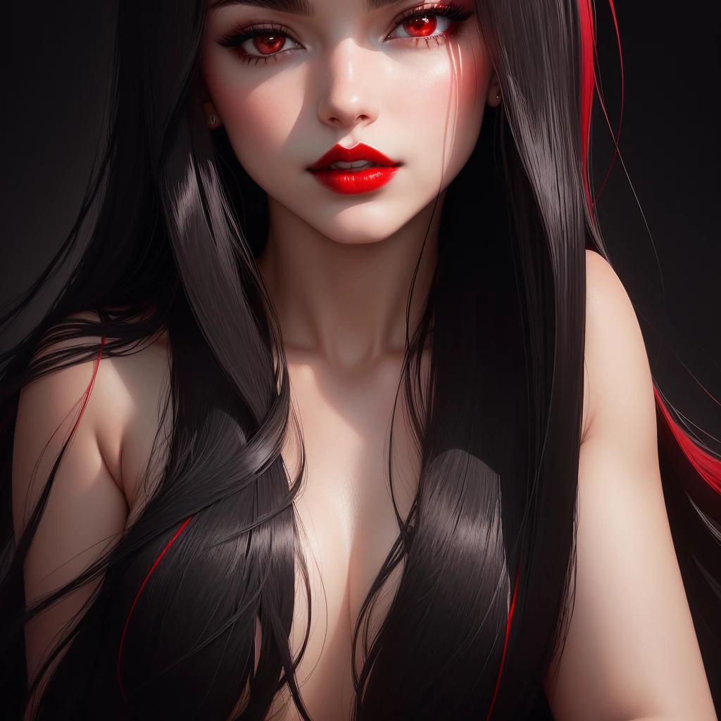a close up of a woman with long hair and a black top, red lips, thick red lips, faint red lips, thick lips, deep red lips, sexy red lips, small and thick red lips, dark red lips, 🤤 girl portrait, frontal picture, red lipstick on face, full lips, dark lipstick, with very thin lips, in front of a black background