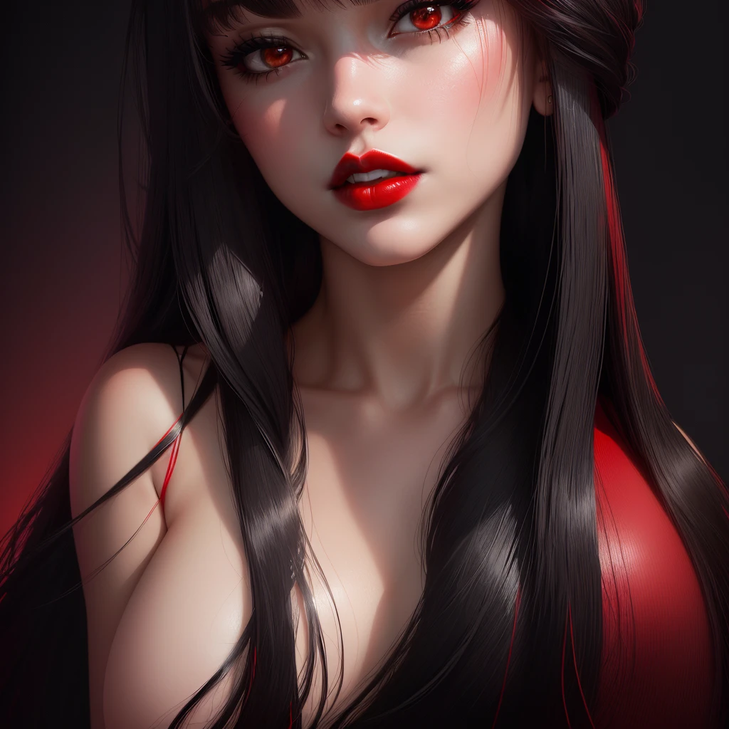 a close up of a woman with long hair and a black top, red lips, thick red lips, faint red lips, thick lips, deep red lips, sexy red lips, small and thick red lips, dark red lips, 🤤 girl portrait, frontal picture, red lipstick on face, full lips, dark lipstick, with very thin lips, in front of a black background