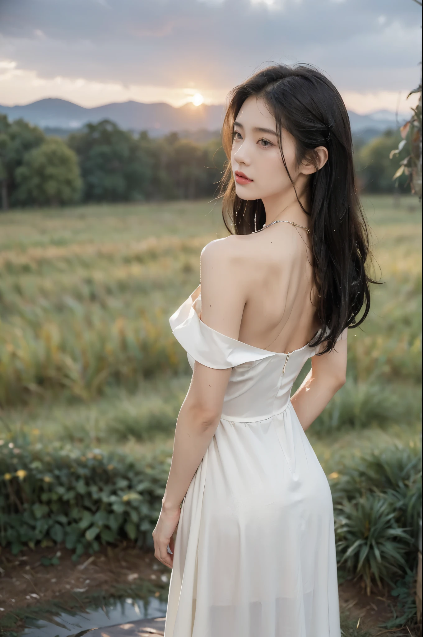 (((best quality))),(((ultra detailed))),(((masterpiece))),illustration,((1 beautiful girl,solo)),((slim,thin)),(shoulder length straight bob hair:1.2),flowing hair,fair skin,(shiny skin:1.3),detailed eyes,laughing,(shirt-dress:1.3),delicate necklace,grass,dewdropletts,trees,bird chirping,serenity,gratitude,awe,wonders of nature,peace,contentment,magnificent world,summer,(pitch-dark dawn:1.5),(night scene:1.3),((upper body,from back)),after rain,(wet:1.3),standing,on the path,At the mountaintop,confident gaze,elegant posture,mysterious atmosphere,solemn mood,dawn approaching,detailed decorations,(sunrise:1.3),(cloudy sky:1.2),rainbow,(Rural Landscape:1.2),horizon,bare back,towering hips,butt crack