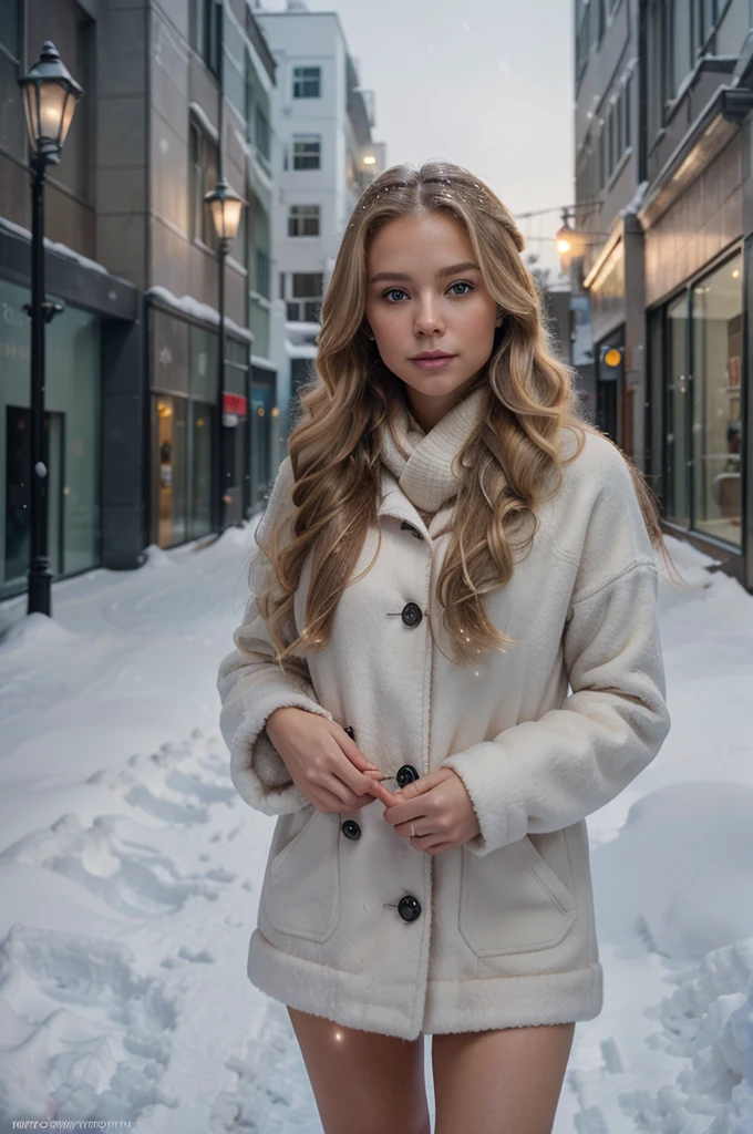 professional portrait photograph of a gorgeous Norwegian girl in winter clothing with long wavy blonde hair, sultry flirty look, gorgeous symmetrical face, cute natural makeup, wearing elegant warm winter fashion clothing, ((standing outside in snowy city street)), stunning modern urban environment, ultra realistic, concept art, elegant, highly detailed, intricate, sharp focus, depth of field, f/1. 8, 85mm, medium shot, mid shot, (((professionally color graded))), bright soft diffused light, (volumetric fog), trending on instagram, hdr 4k, 8k